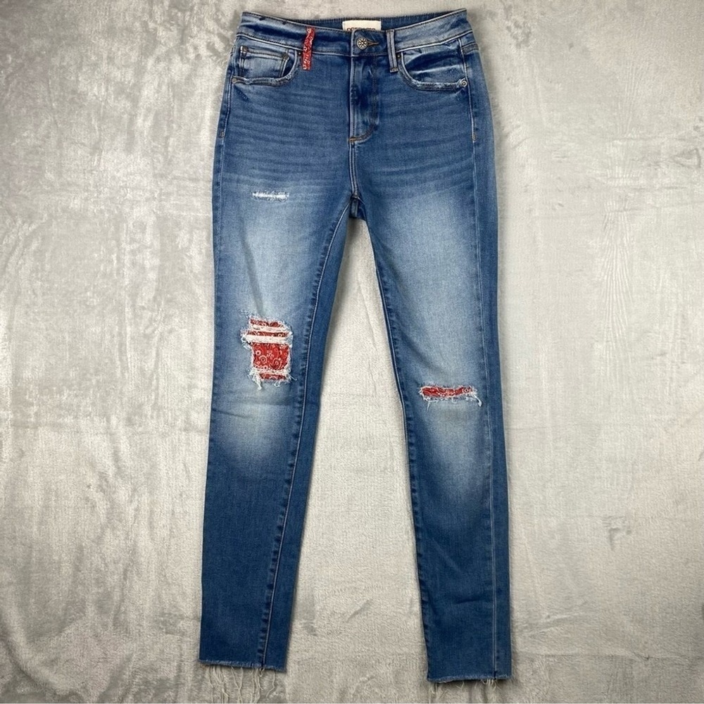 Driftwood Jackie High Rise Distressed Skinny Jeans Bandana Patchwork Blue 25 L28